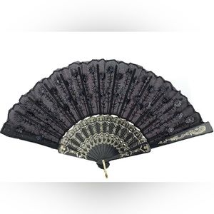 Pack of 6 - Elegantly Embroidered Handheld Fabric Fan with Sequins (Black)